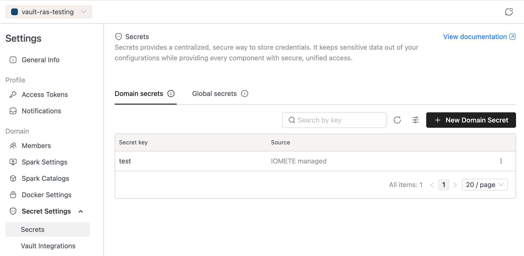 Domain Secrets List | IOMETE