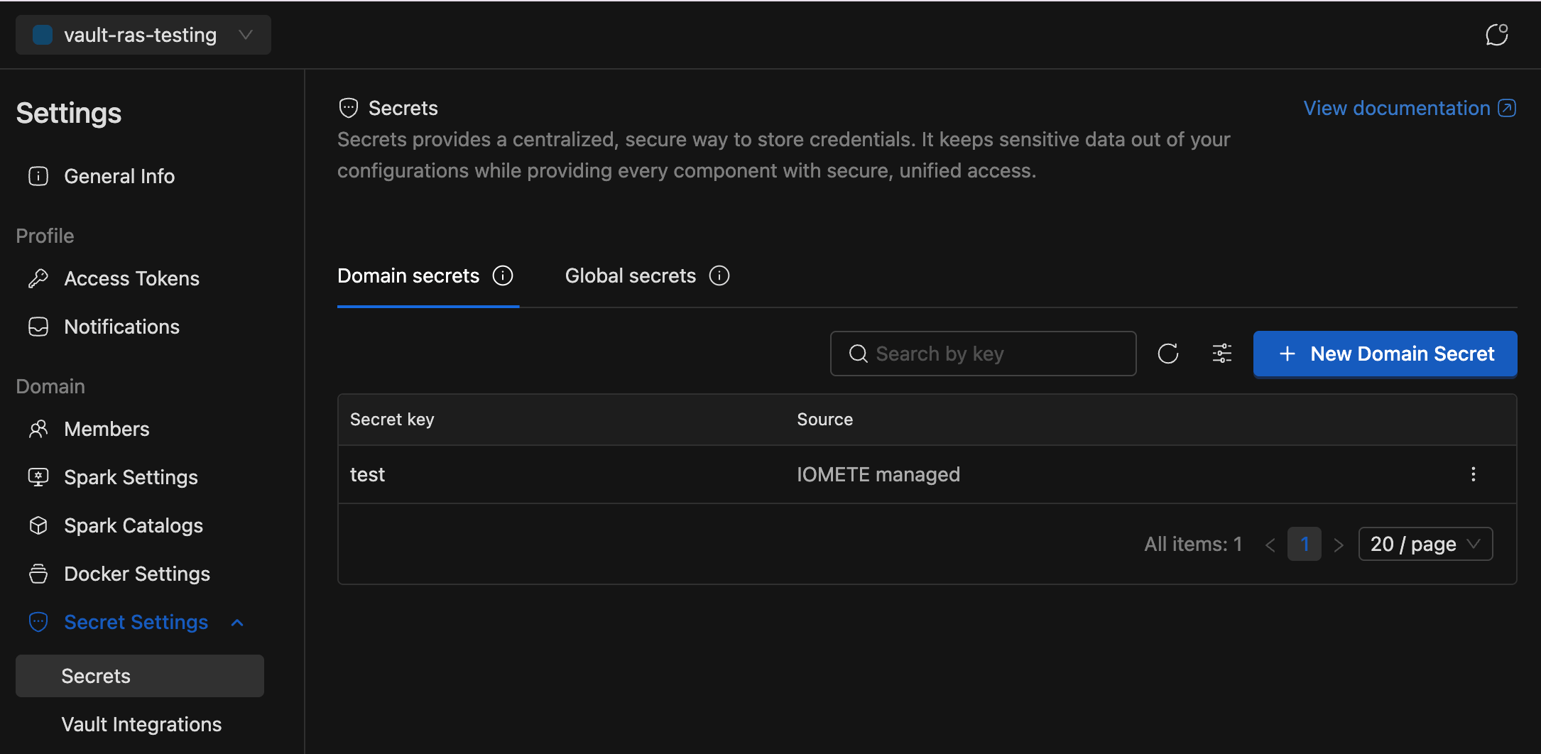 Domain Secrets List | IOMETE