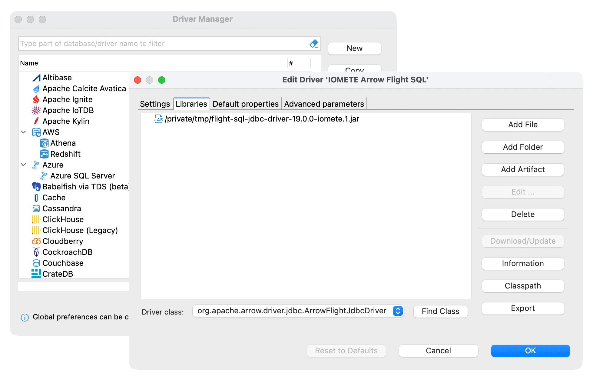 Libraries tab with the Arrow Flight SQL JDBC JAR and resolved driver class | IOMETE