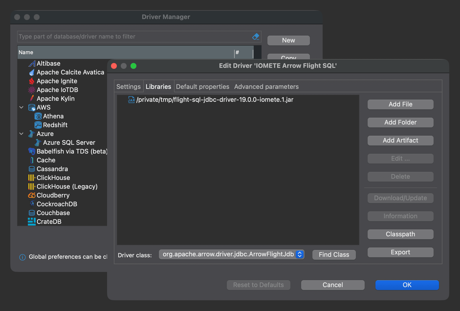 Libraries tab with the Arrow Flight SQL JDBC JAR and resolved driver class | IOMETE