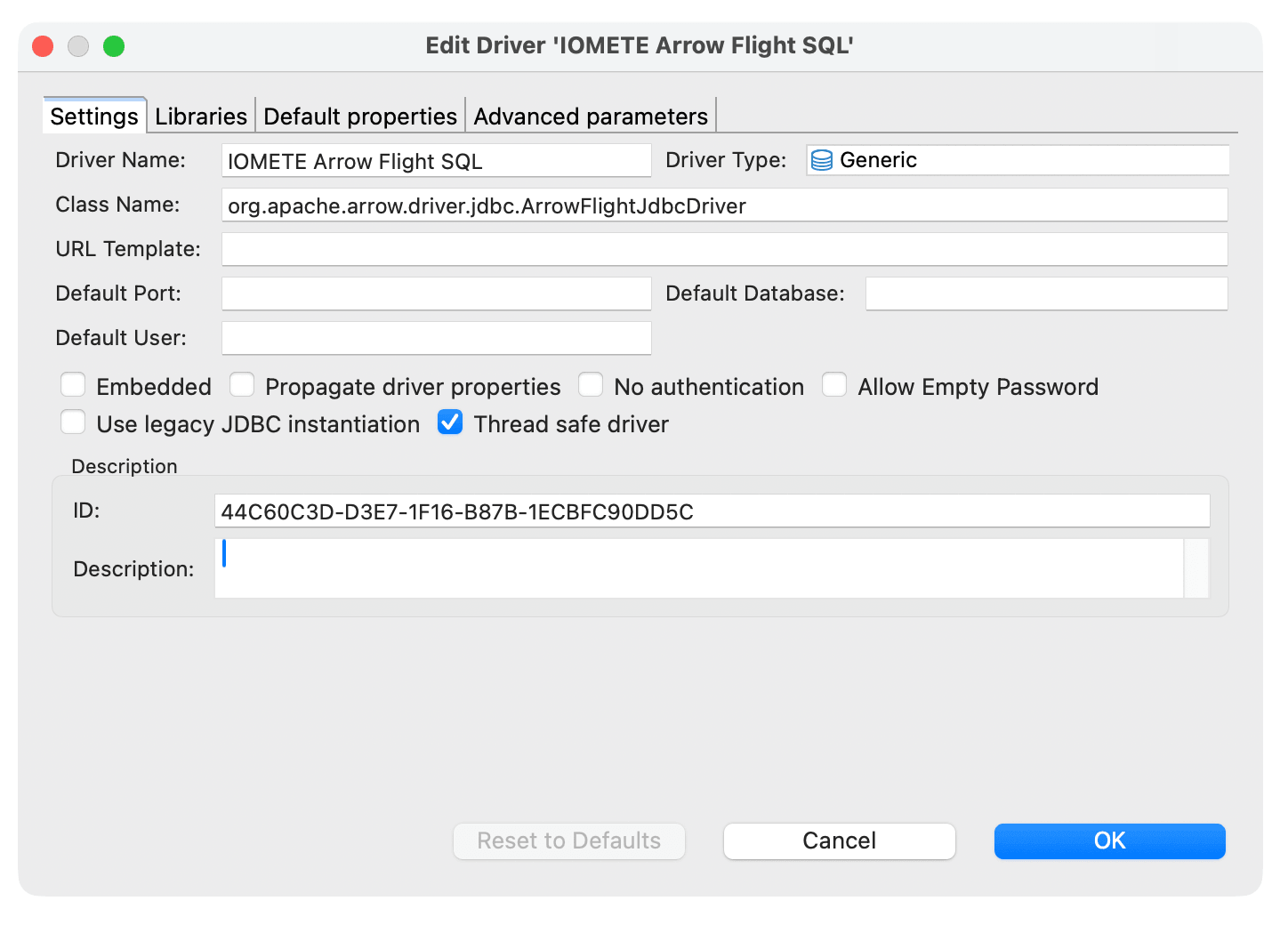 Driver Settings tab with Generic type and the Arrow Flight class name | IOMETE