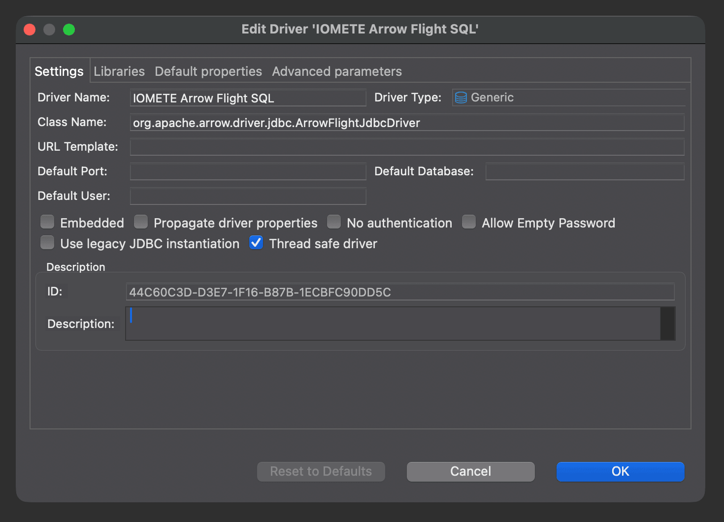 Driver Settings tab with Generic type and the Arrow Flight class name | IOMETE