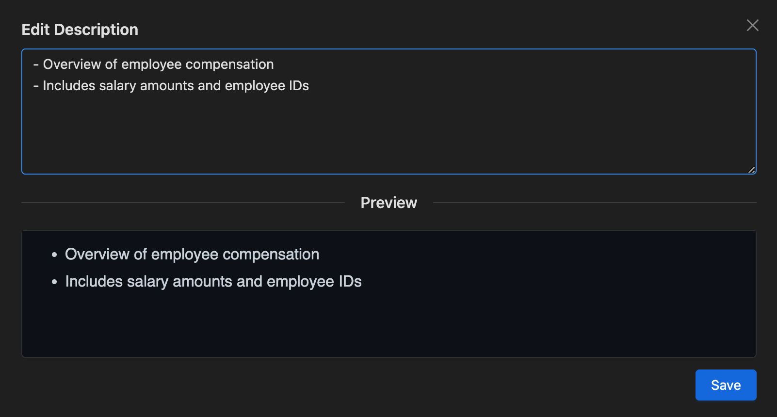 Data Catalog edit description | IOMETE