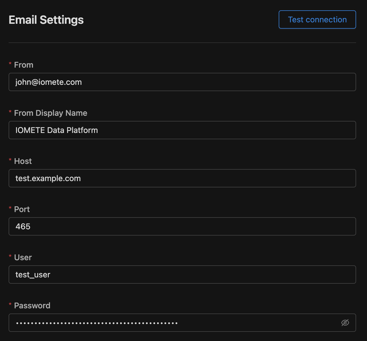 Email configuration test connection | IOMETE