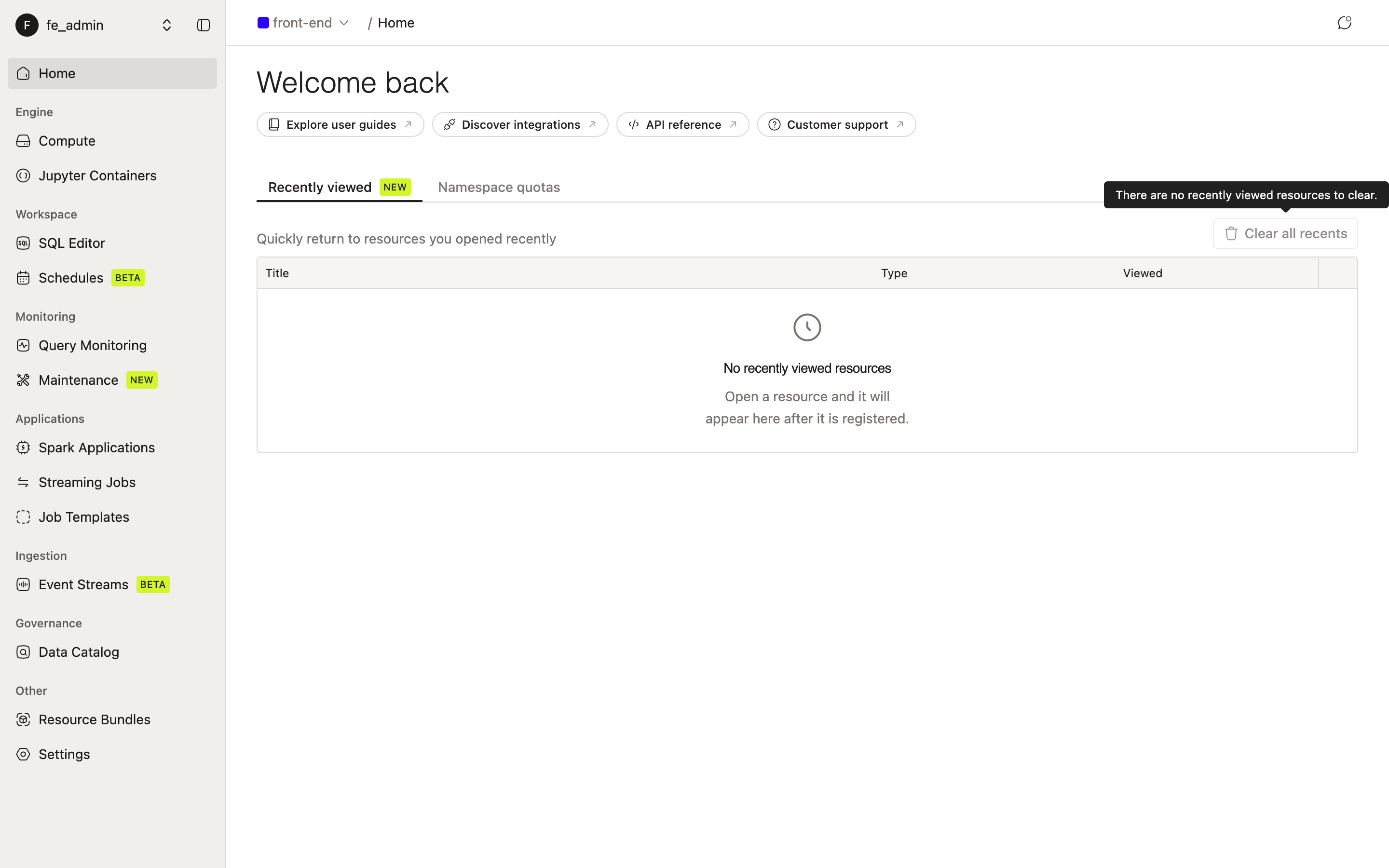 Recently Viewed empty state with the disabled Clear all recents button | IOMETE