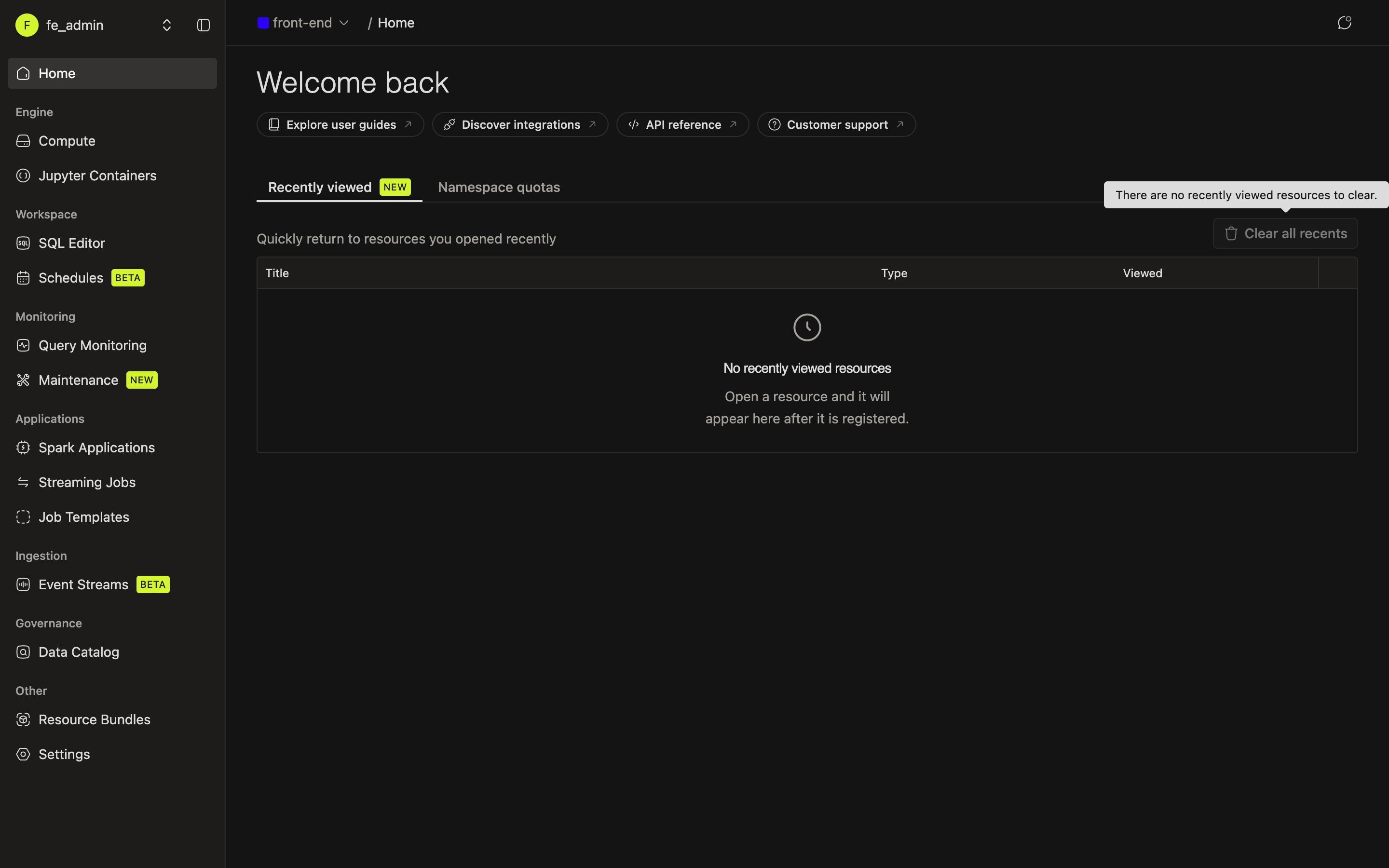 Recently Viewed empty state with the disabled Clear all recents button | IOMETE