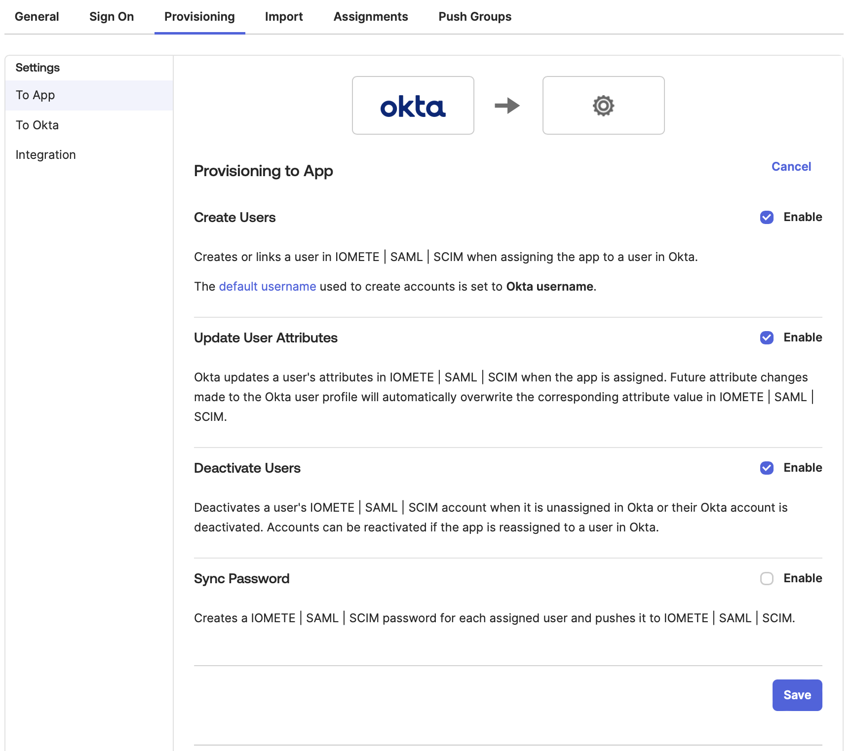 Enable provisioning to app from okta | IOMETE