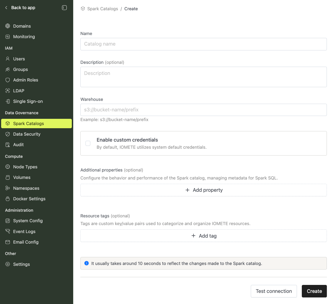 Enterprise Catalog creation form | IOMETE