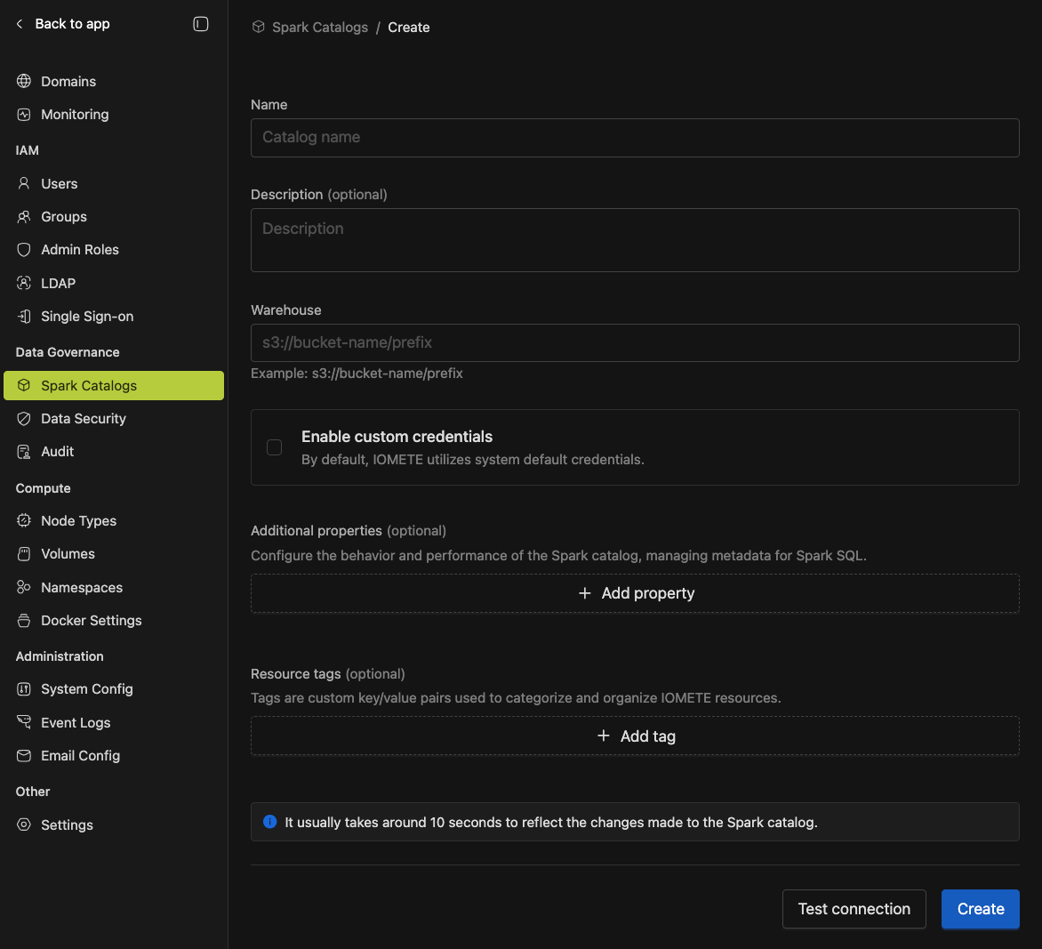 Enterprise Catalog creation form | IOMETE