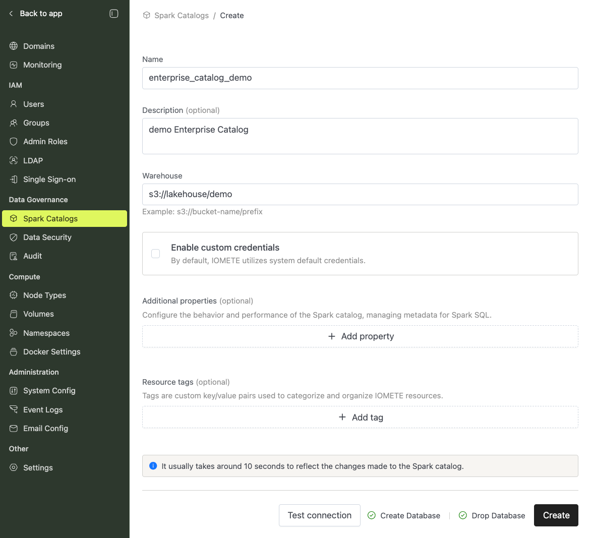 Enterprise Catalog test connection | IOMETE