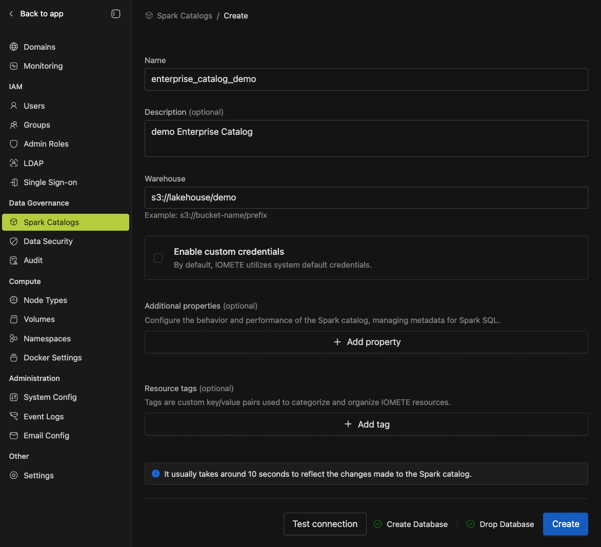 Enterprise Catalog test connection | IOMETE