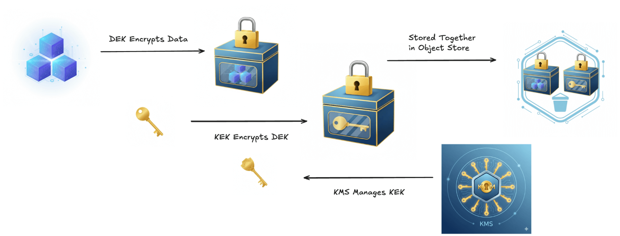 Envelope encryption with DEKs wrapped by KEKs | IOMETE