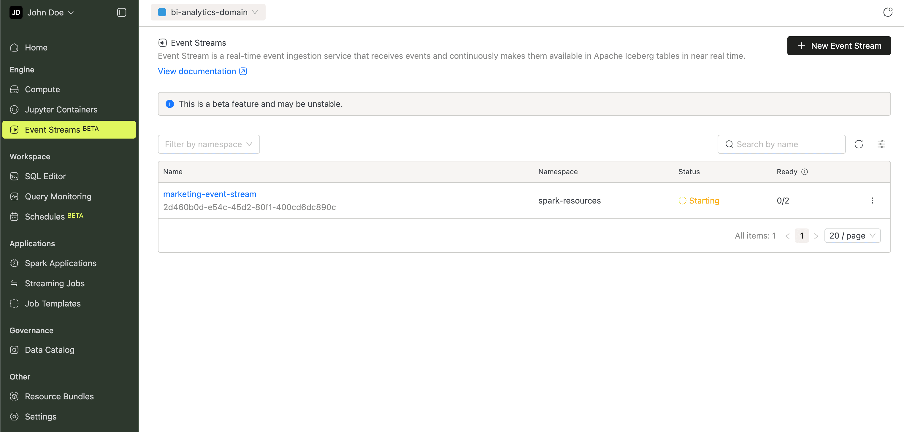 Event Streams page | IOMETE