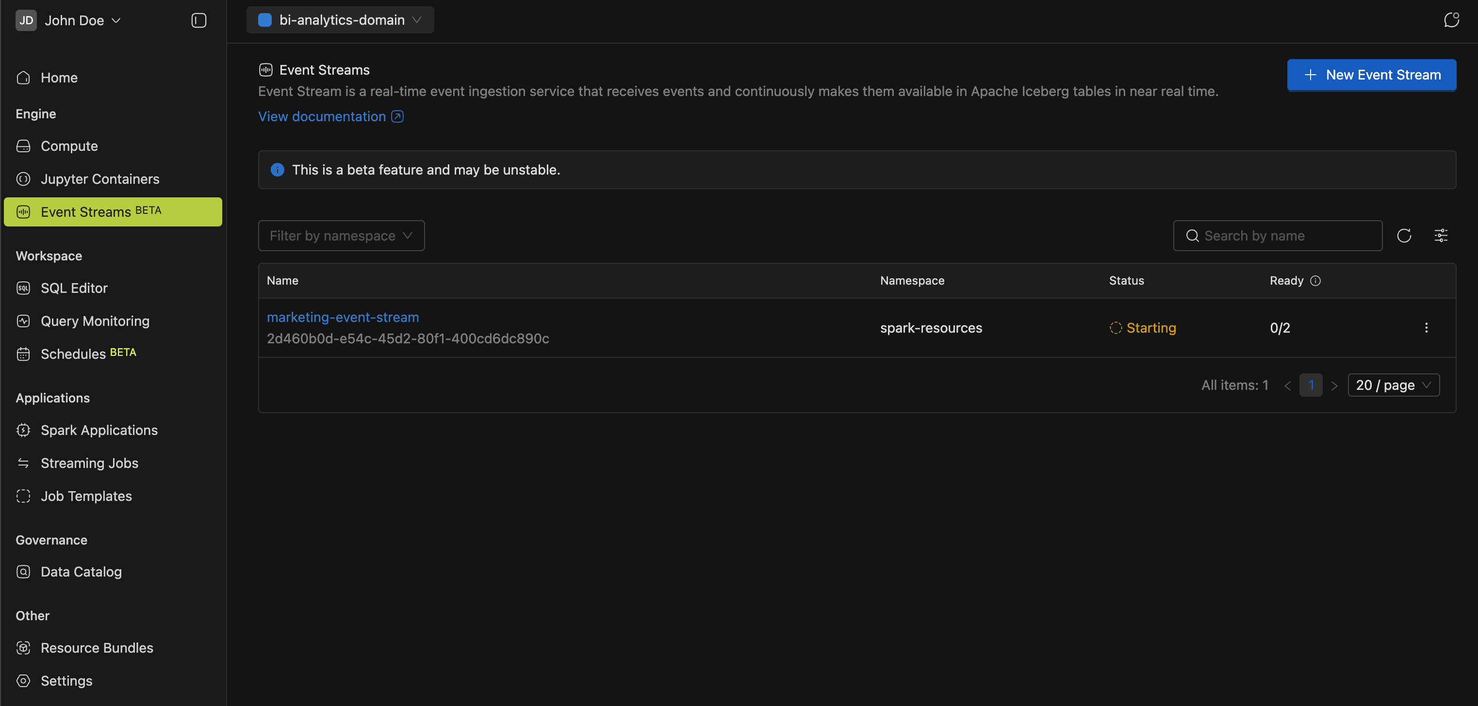 Event Streams page | IOMETE