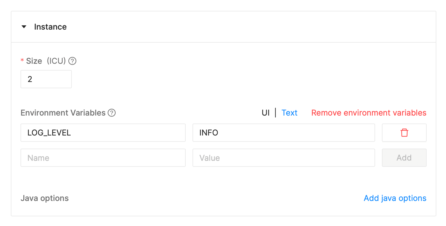 Instance and environment variable parameters.