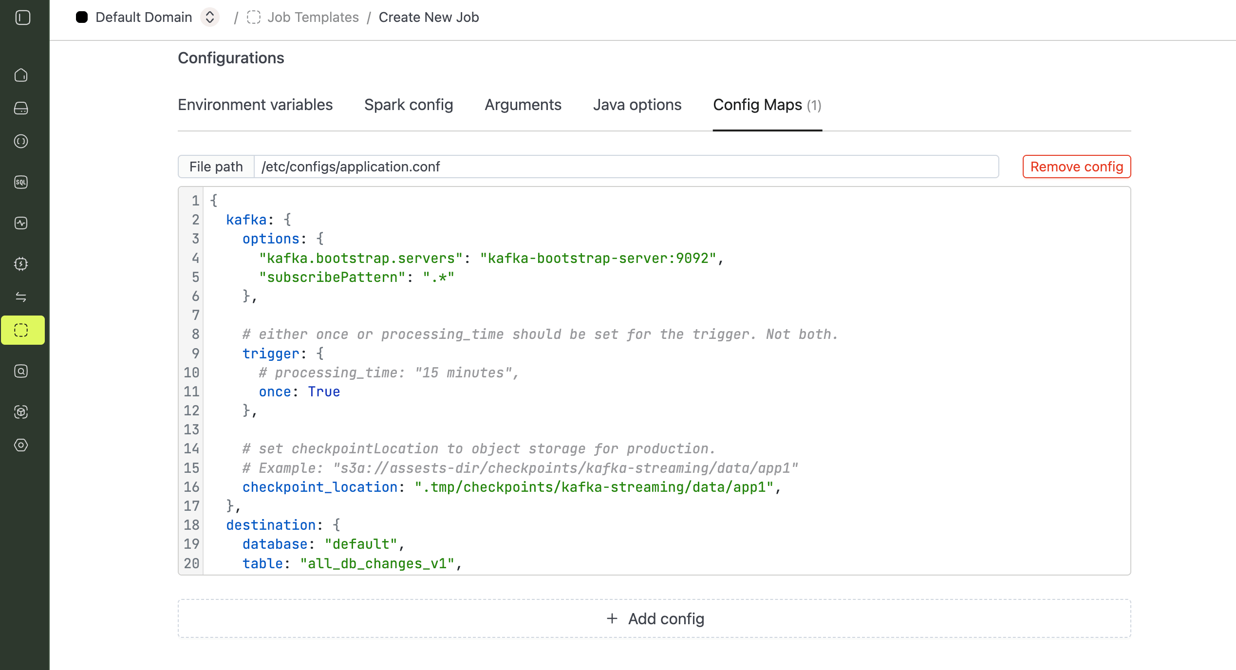 Config Maps tab with the HOCON configuration file | IOMETE