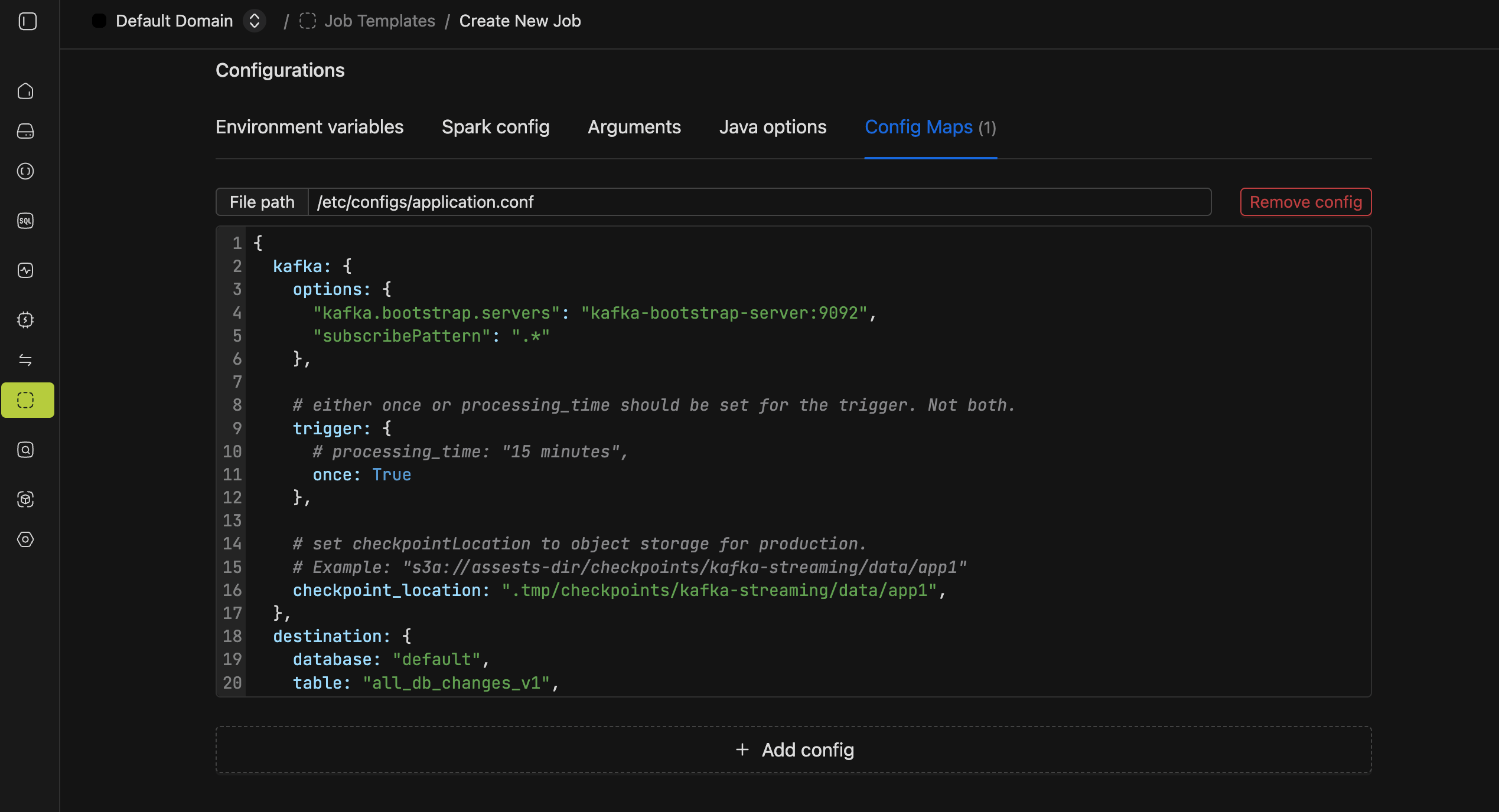 Config Maps tab with the HOCON configuration file | IOMETE
