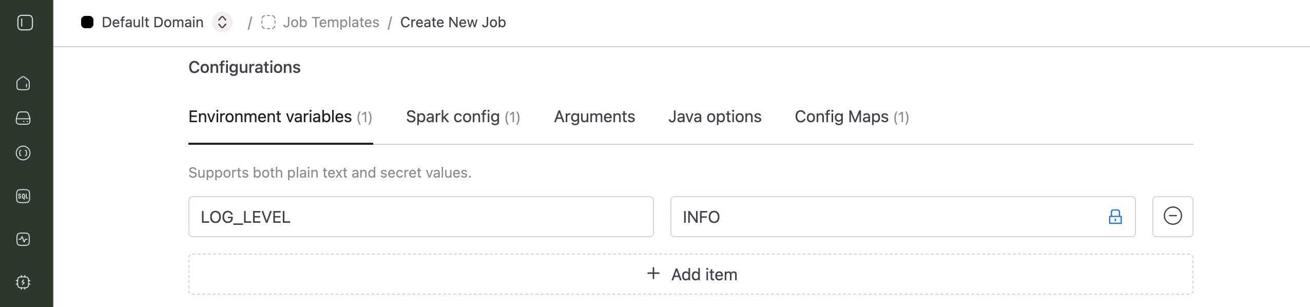 Environment variables tab with LOG_LEVEL set to INFO | IOMETE
