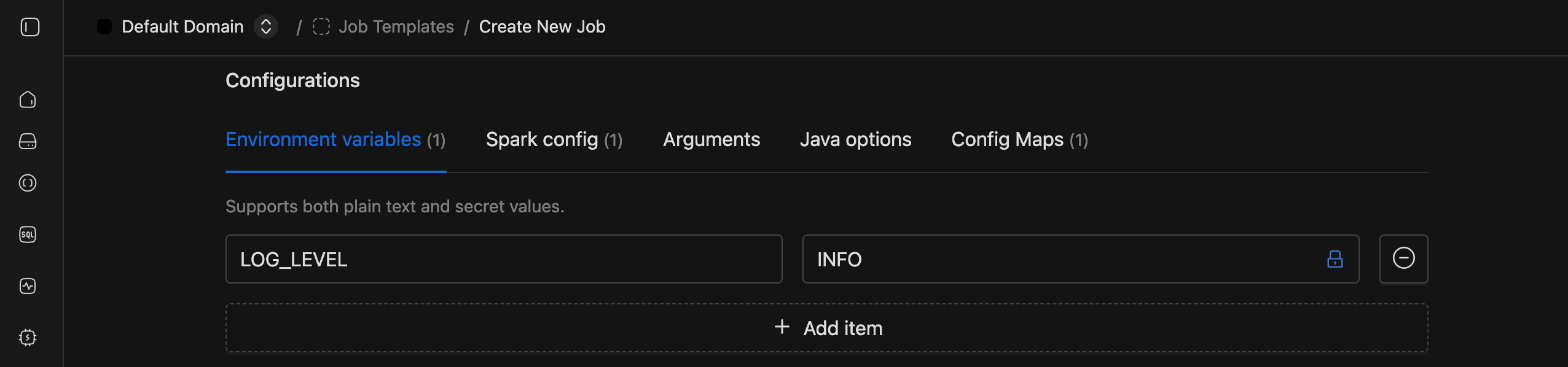 Environment variables tab with LOG_LEVEL set to INFO | IOMETE