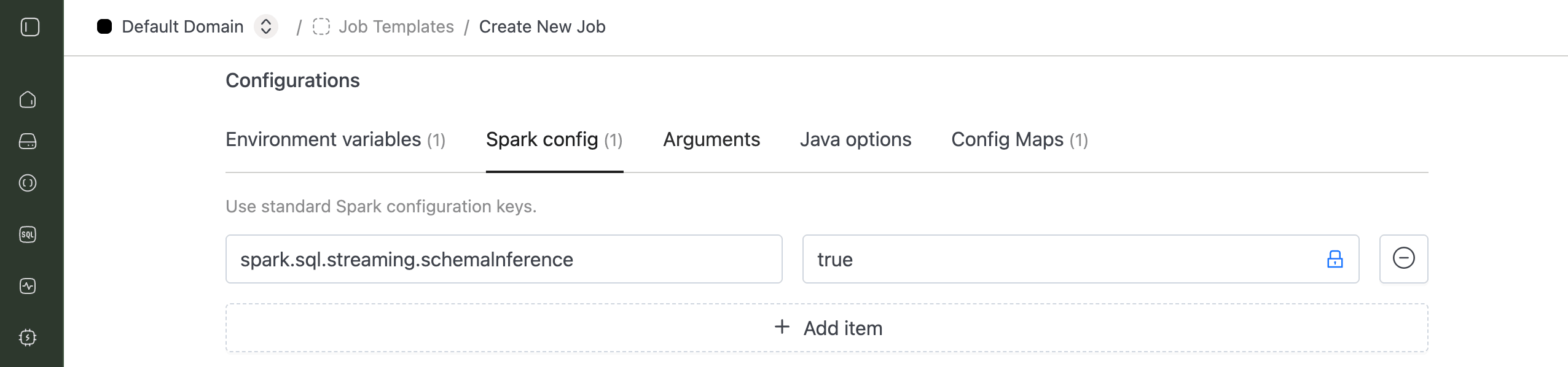 Spark config tab with spark.sql.streaming.schemaInference set to true | IOMETE