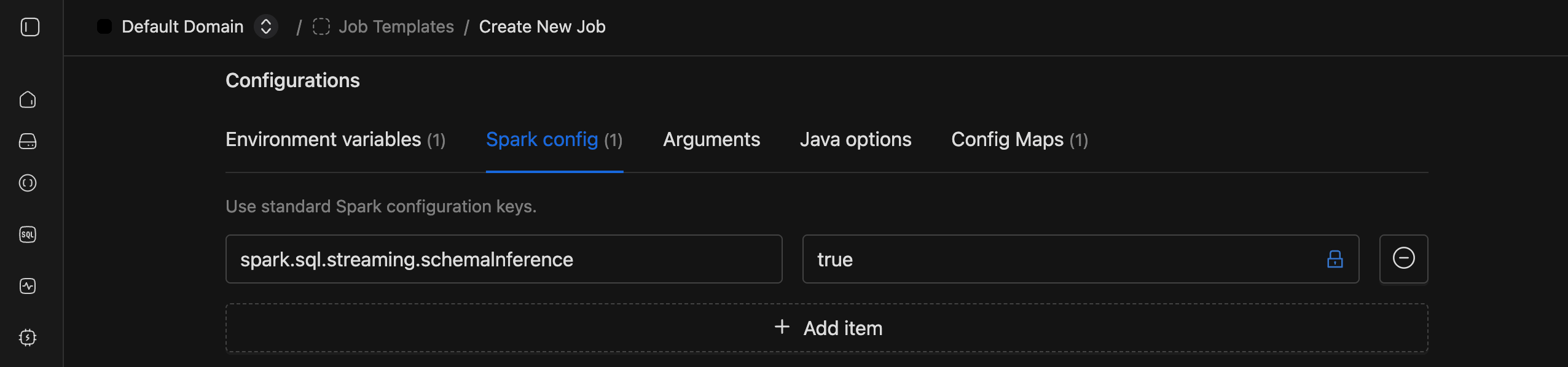Spark config tab with spark.sql.streaming.schemaInference set to true | IOMETE