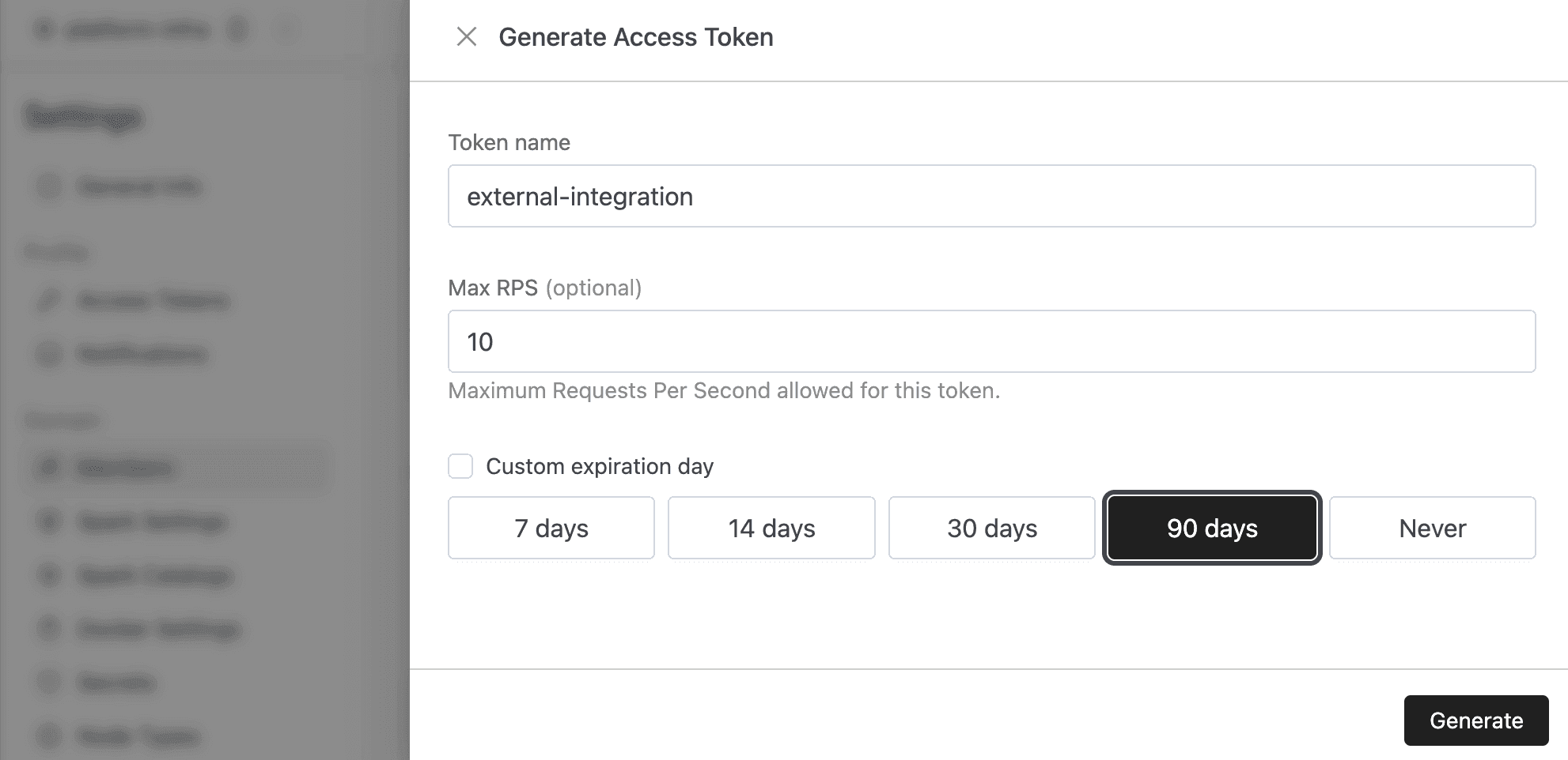 Generate Access Token dialog with Token name, Max RPS, and expiration options | IOMETE