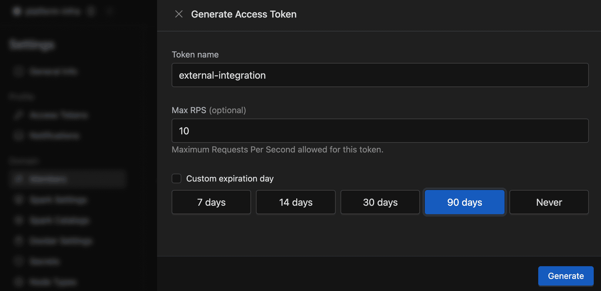 Generate Access Token dialog with Token name, Max RPS, and expiration options | IOMETE