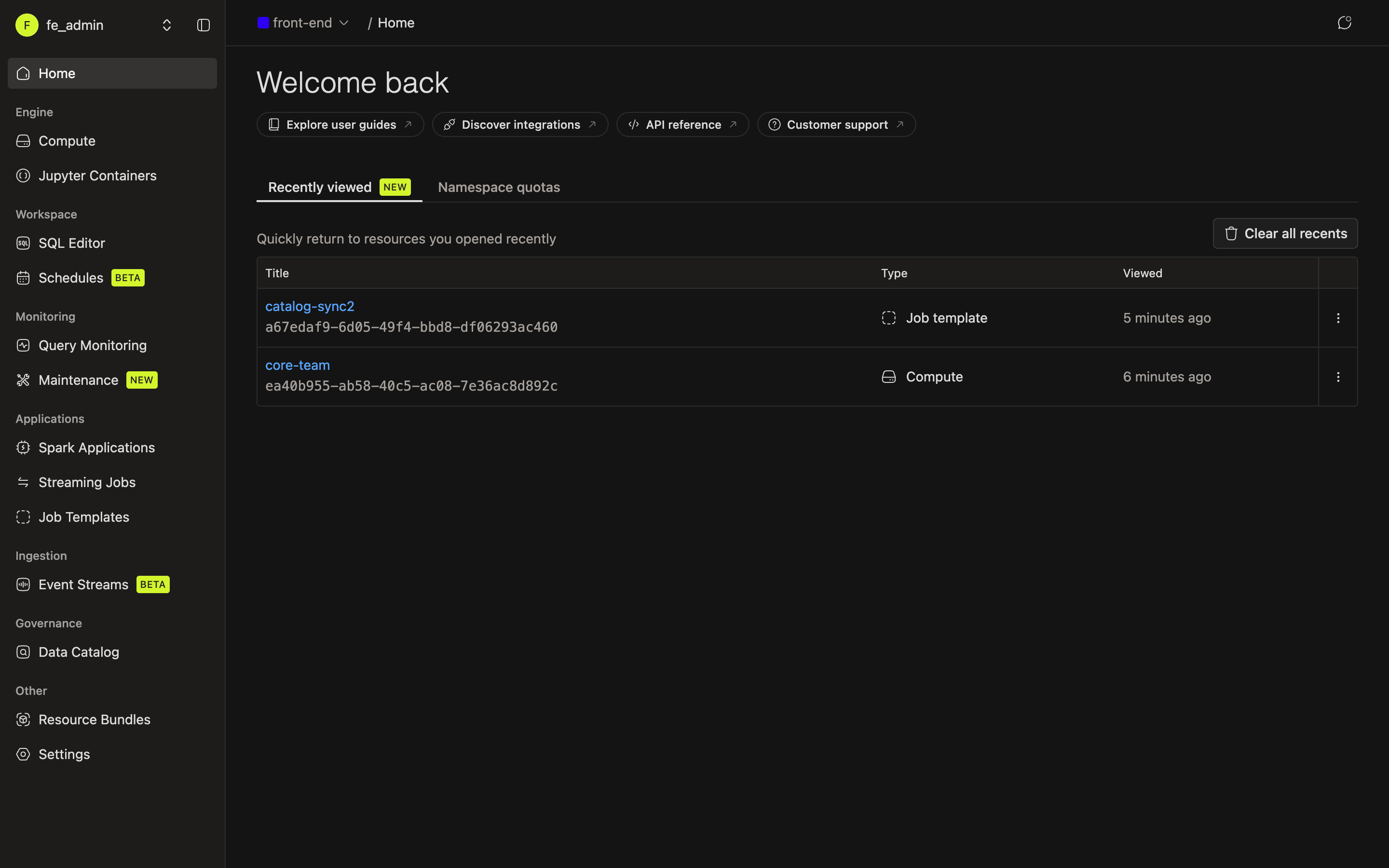 Home page with the Recently viewed tab selected | IOMETE