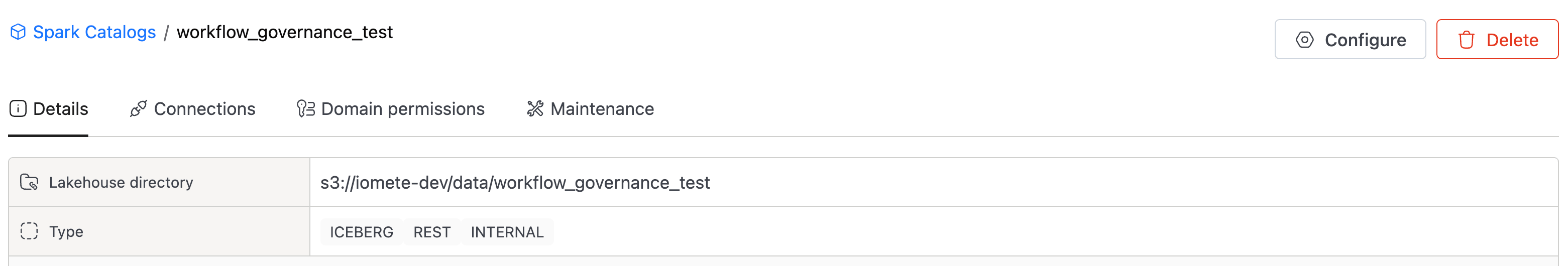 Catalog Details tab showing ICEBERG, REST, and INTERNAL type chips that mark the catalog as eligible for maintenance | IOMETE