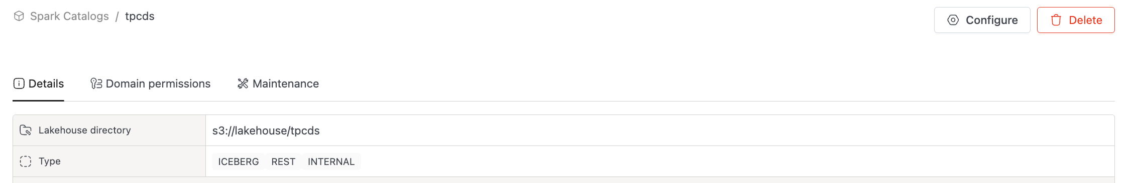 Spark Catalogs list highlighting an internal Iceberg REST catalog eligible for maintenance | IOMETE