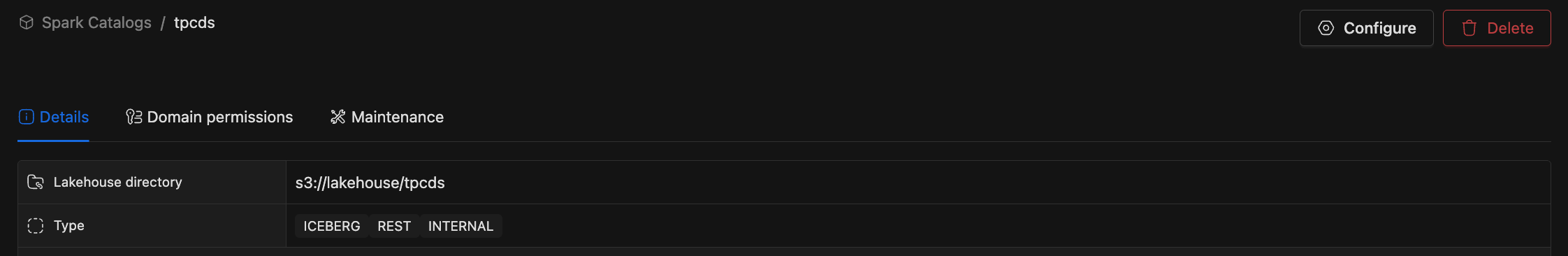 Spark Catalogs list highlighting an internal Iceberg REST catalog eligible for maintenance | IOMETE