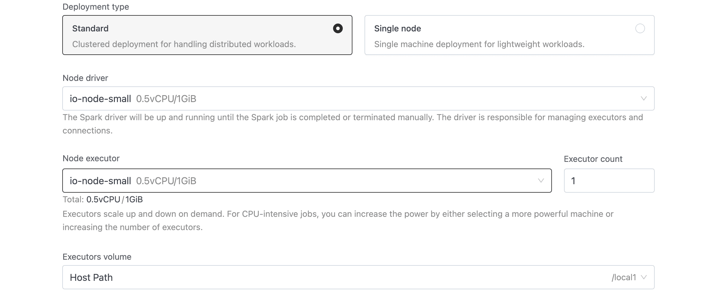 Instance configuration with Standard deployment selected, Node driver and Node executor dropdowns showing node size, Executor count field, and Executors volume selector | IOMETE