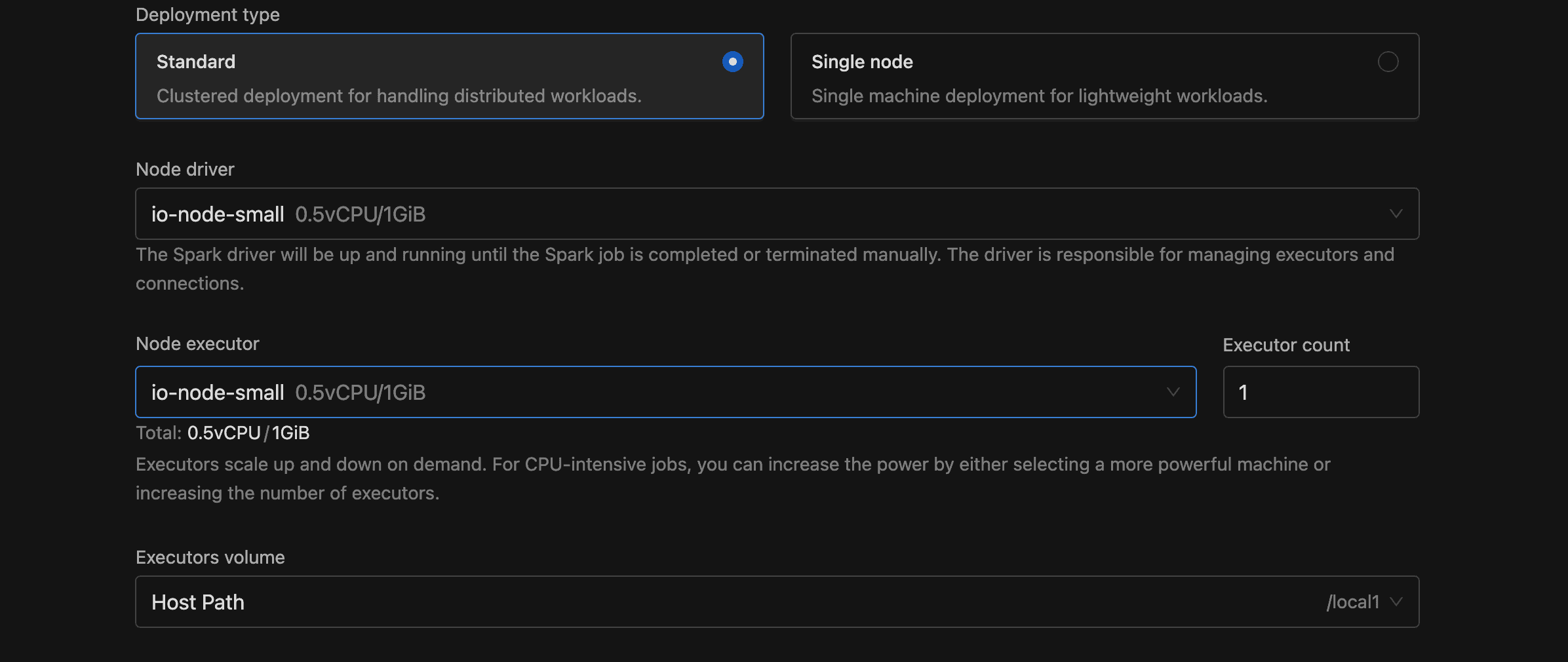 Instance configuration with Standard deployment selected, Node driver and Node executor dropdowns showing node size, Executor count field, and Executors volume selector | IOMETE