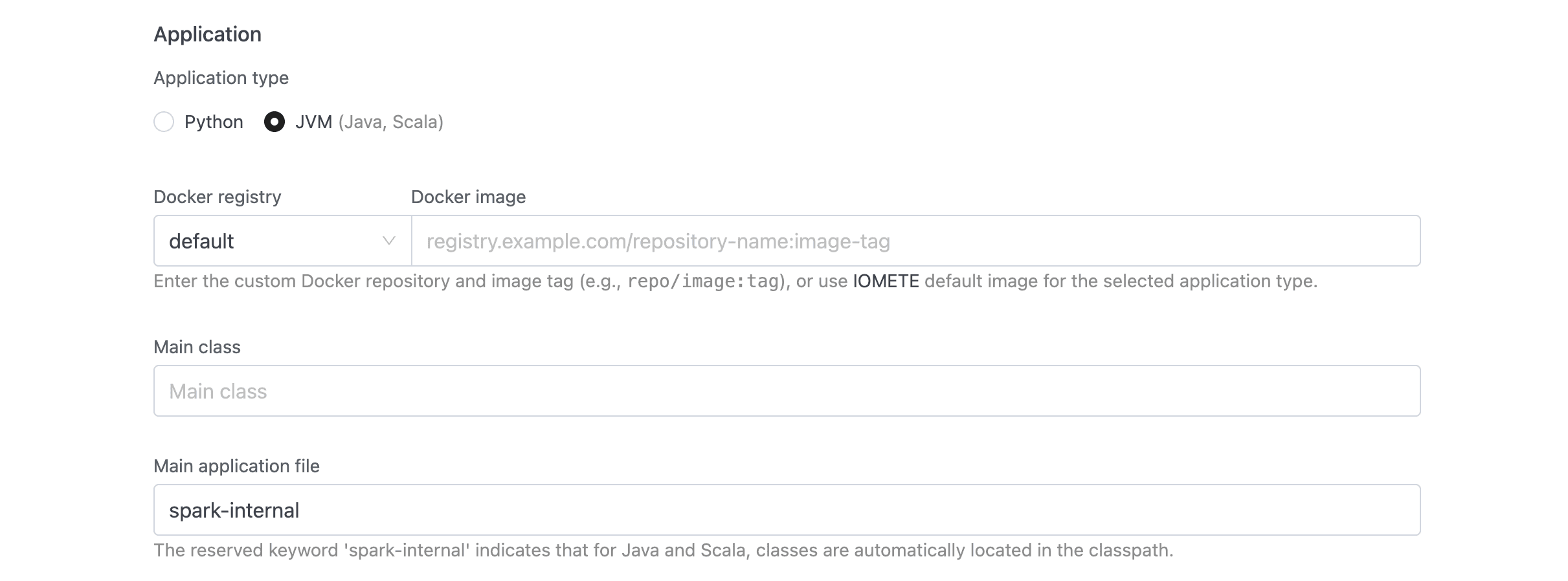 Application section with JVM type selected, Docker registry and image fields, Main class input, and Main application file set to spark-internal | IOMETE