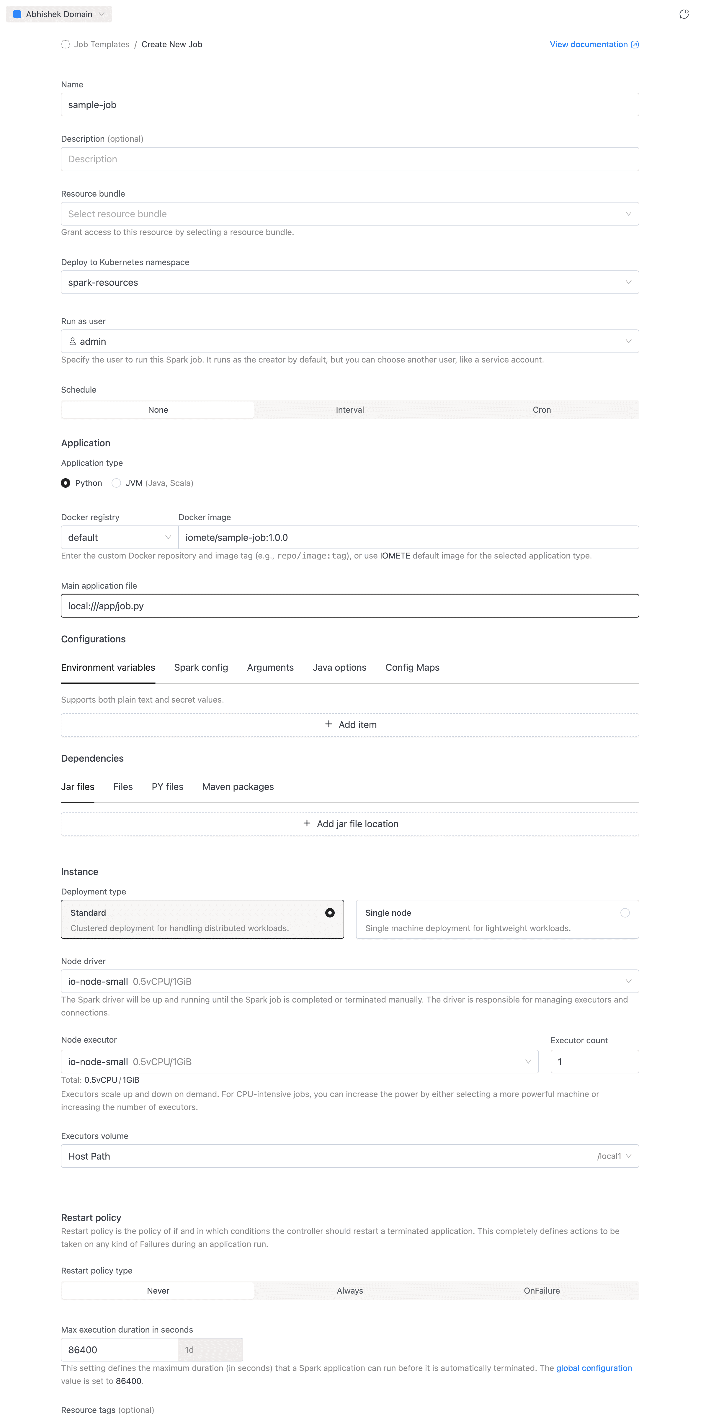 Spark Job create form showing Name, Application, and Instance sections | IOMETE
