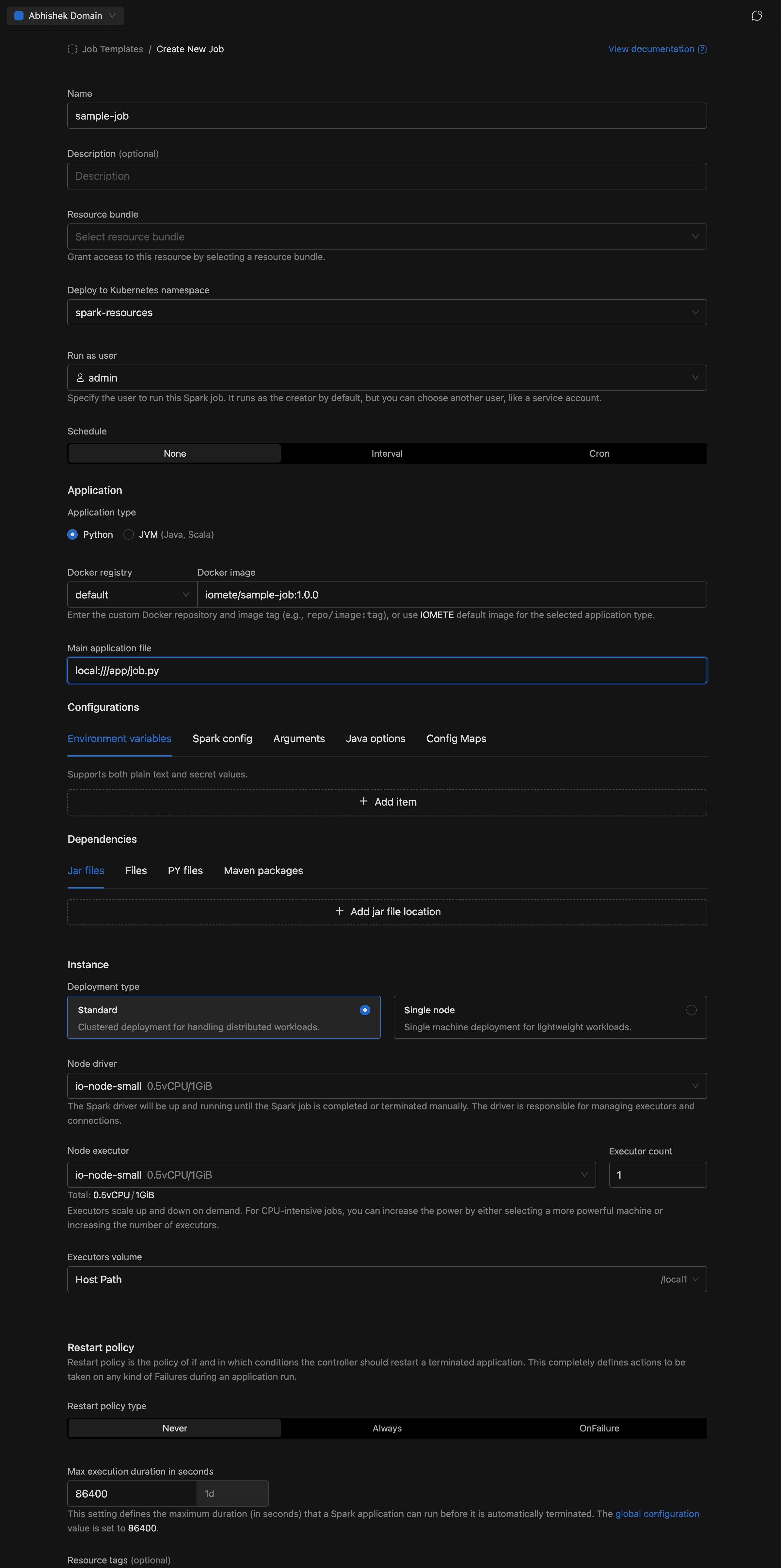 Spark Job create form showing Name, Application, and Instance sections | IOMETE