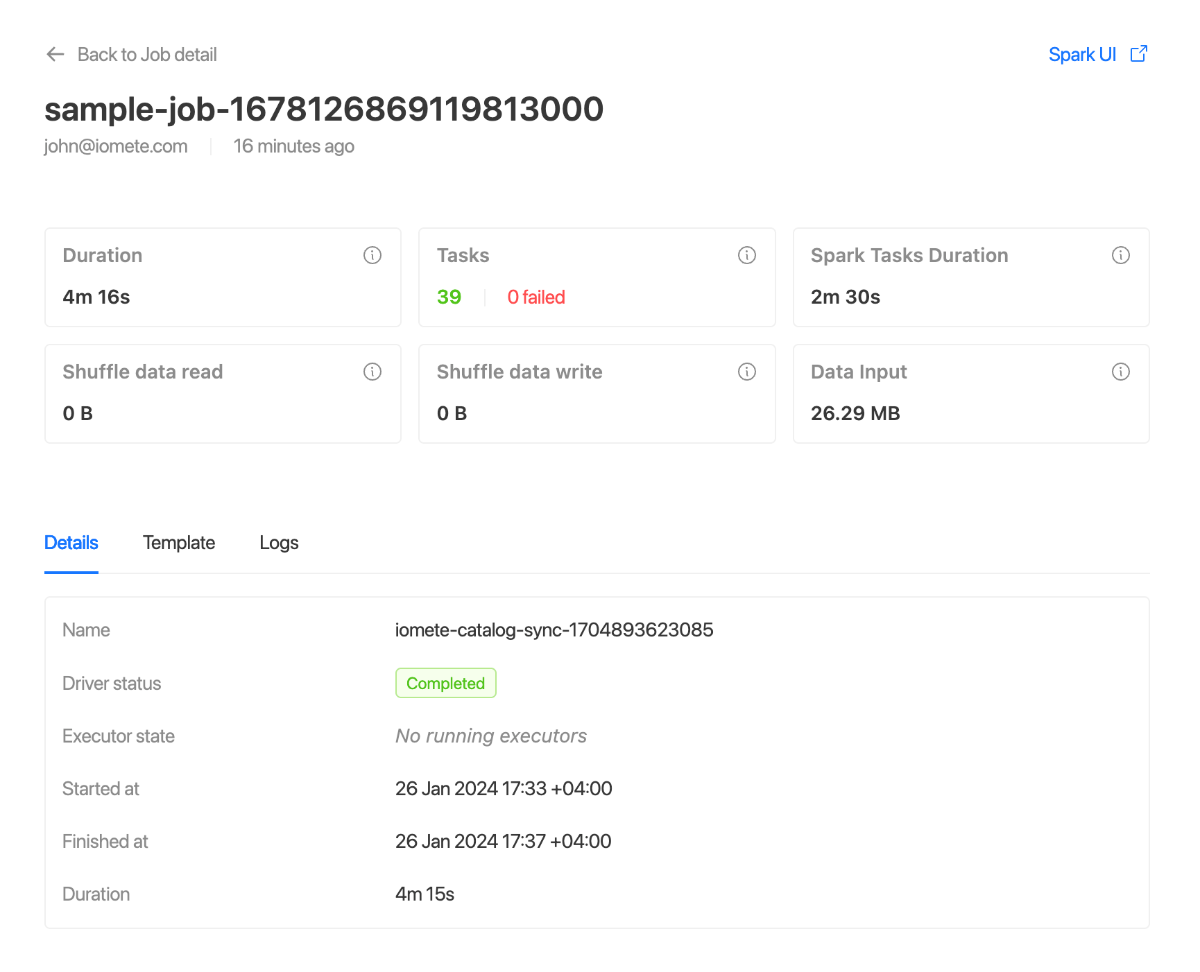Spark Job Run Details | IOMETE