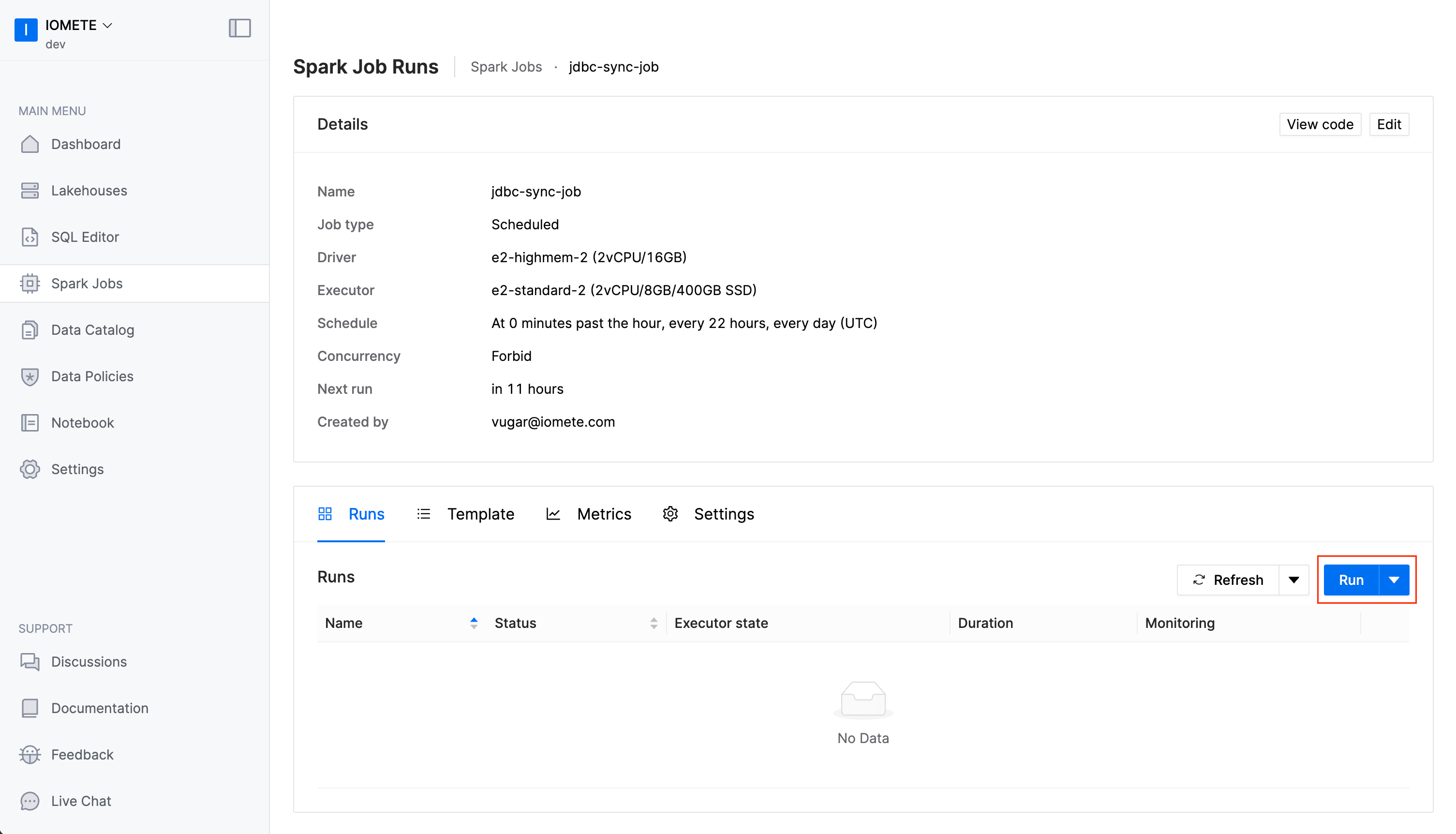 IOMETE Spark job sync manual run | IOMETE