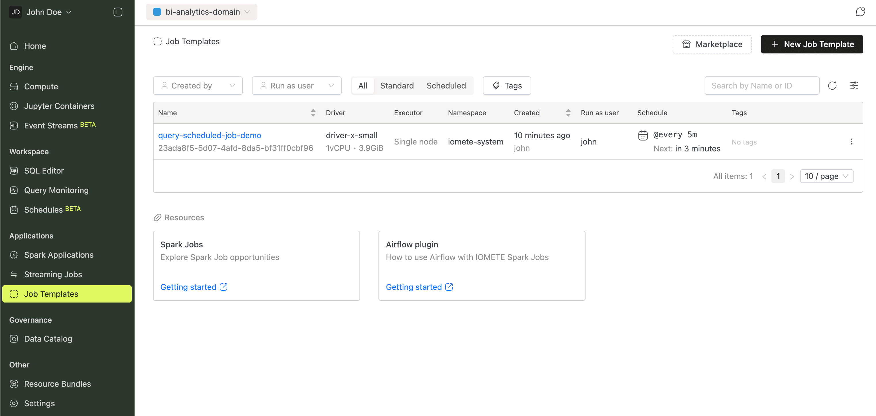 Job Templates page | IOMETE