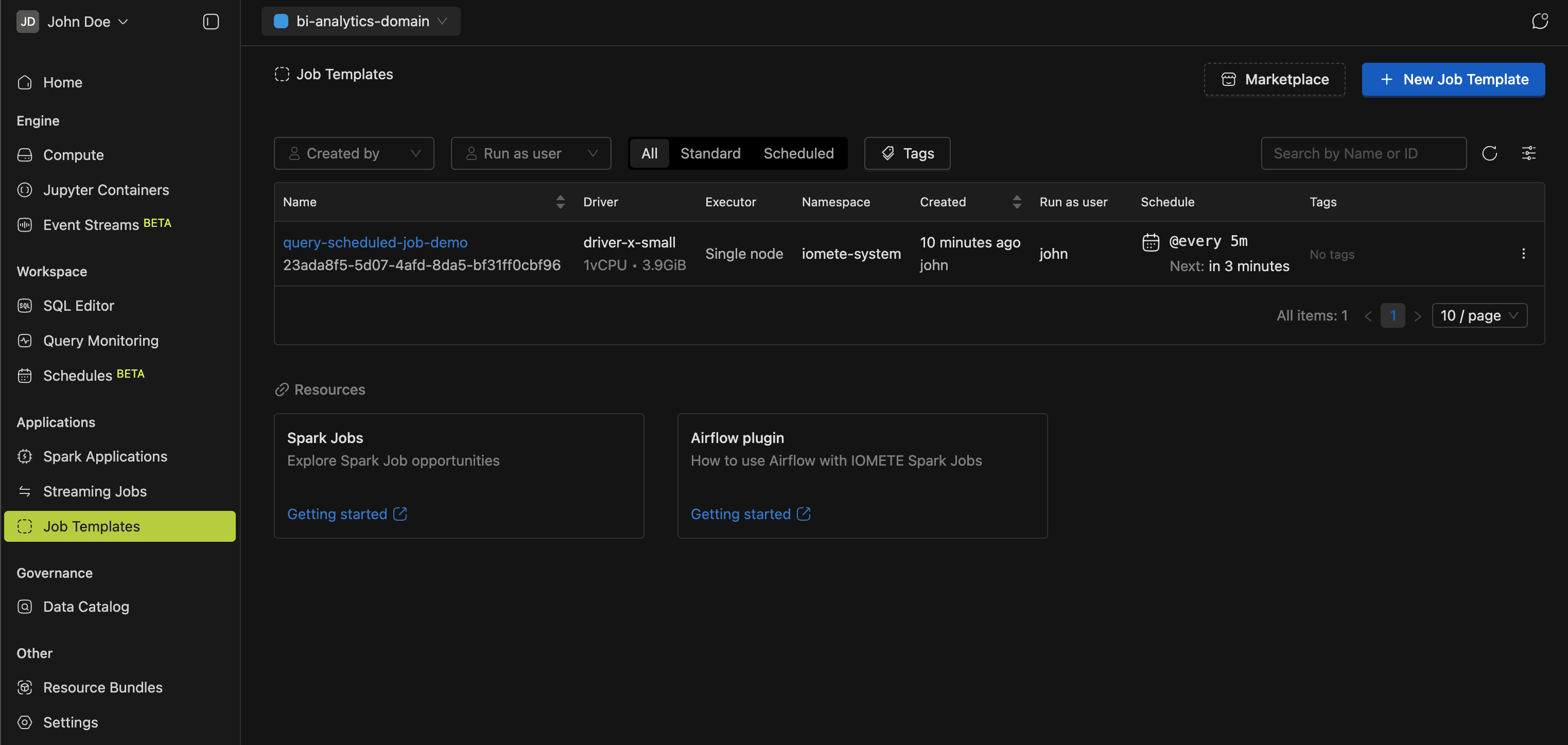 Job Templates page | IOMETE