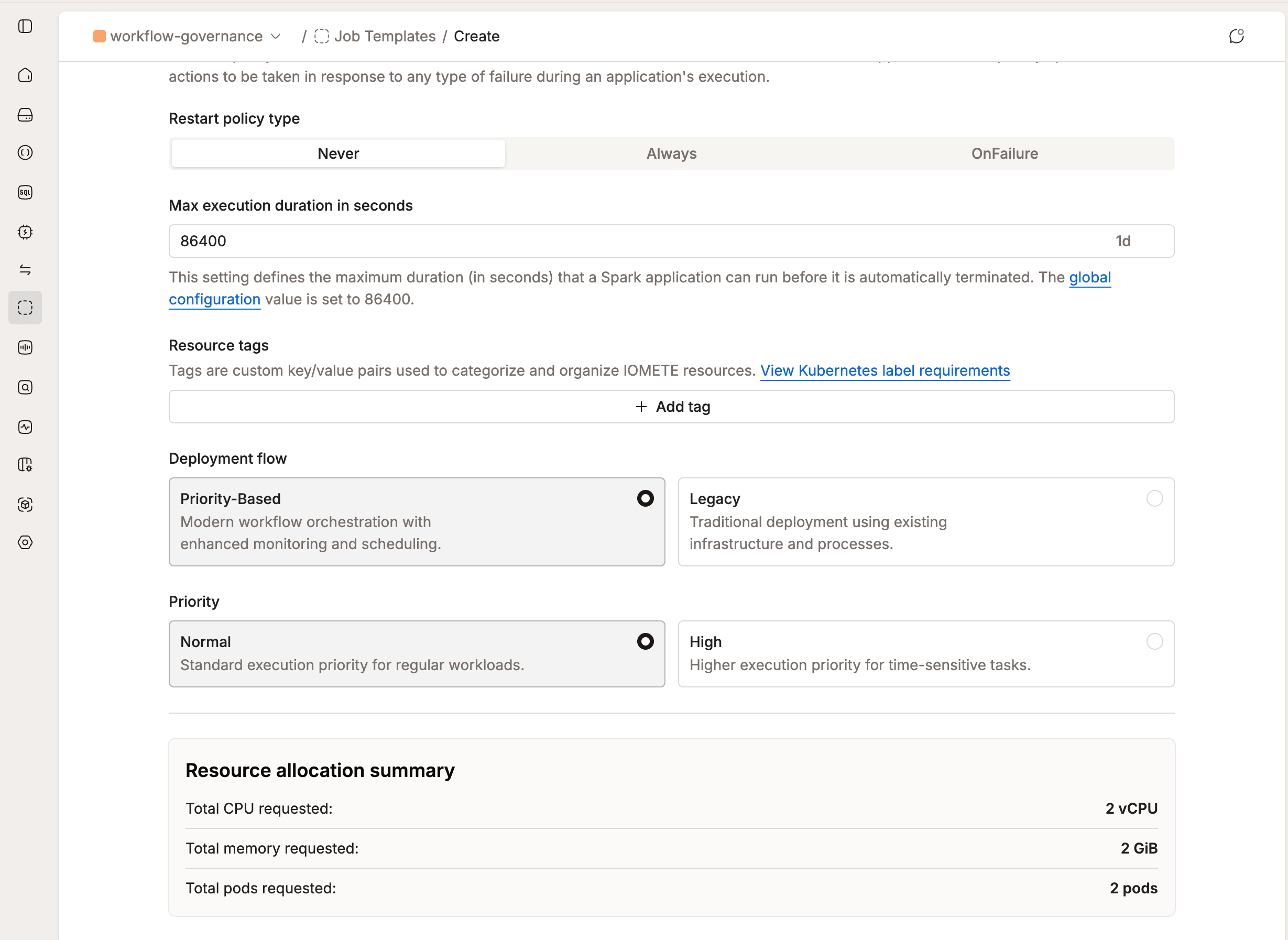 Spark job form with Priority-Based selected as the deployment flow and Normal priority | IOMETE