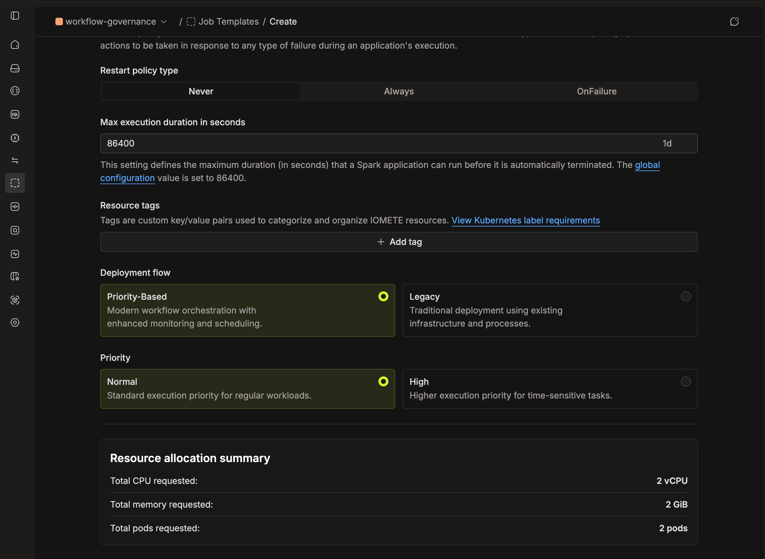 Spark job form with Priority-Based selected as the deployment flow and Normal priority | IOMETE