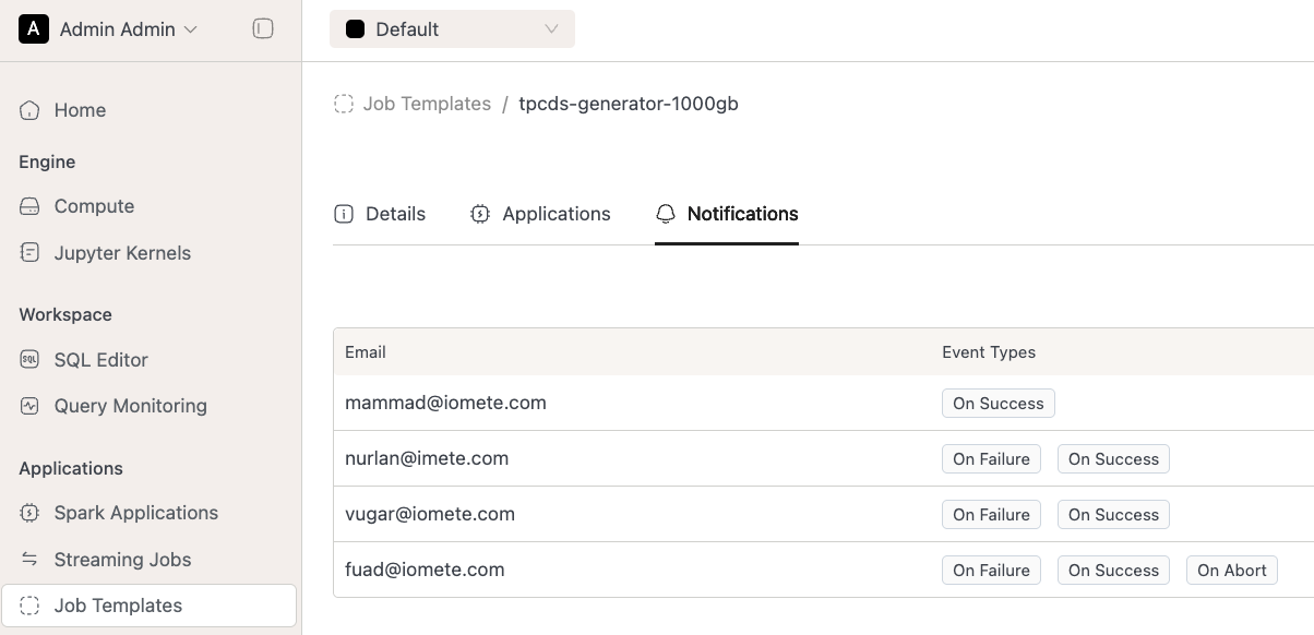 Job Notifications Tab | IOMETE