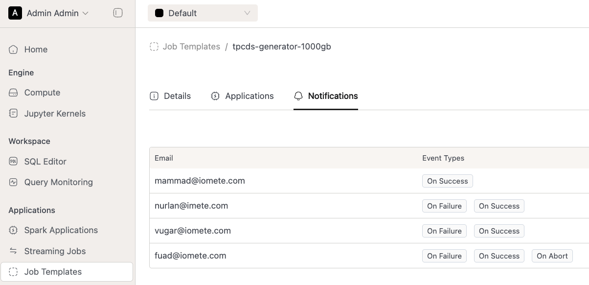 Job Notifications Tab | IOMETE
