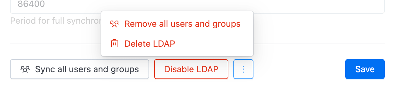 LDAP actions (Sync all users, Sync changed users, Remove imported users, Delete LDAP) | IOMETE