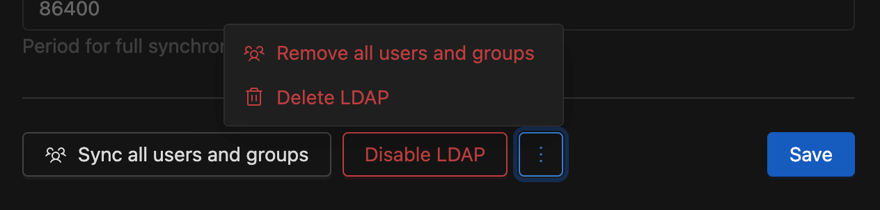 LDAP actions (Sync all users, Sync changed users, Remove imported users, Delete LDAP) | IOMETE