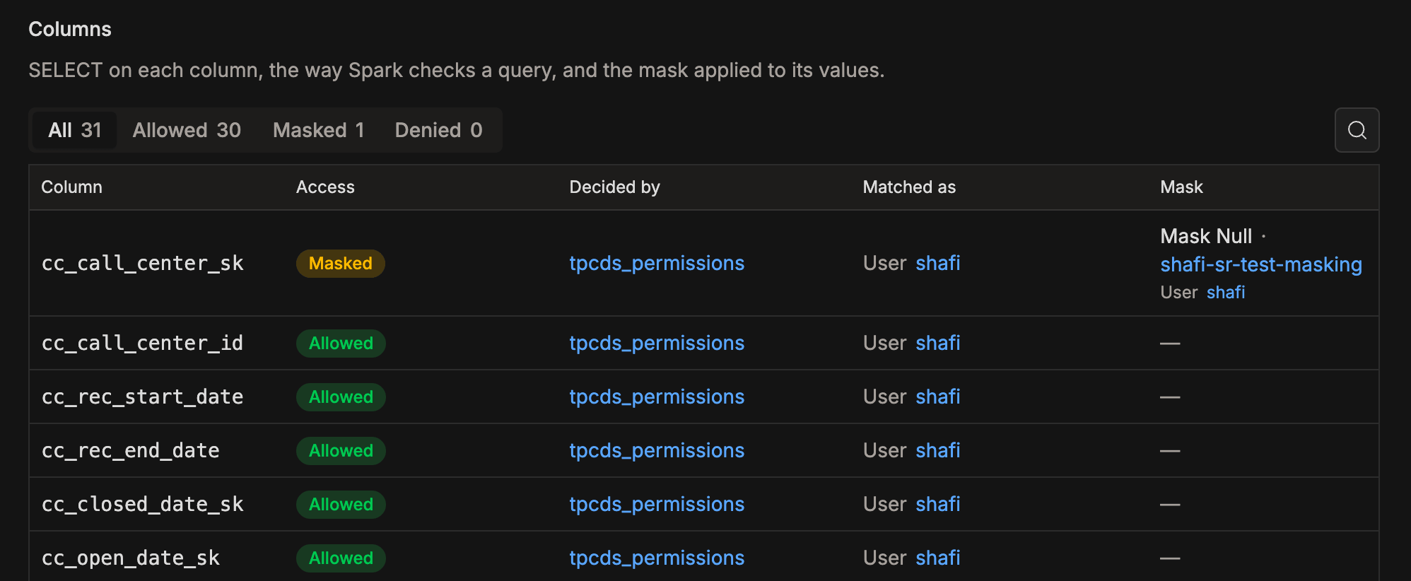 Masked column, the Allowed, Masked, and Denied filter, and the Rows are filtered notice | IOMETE