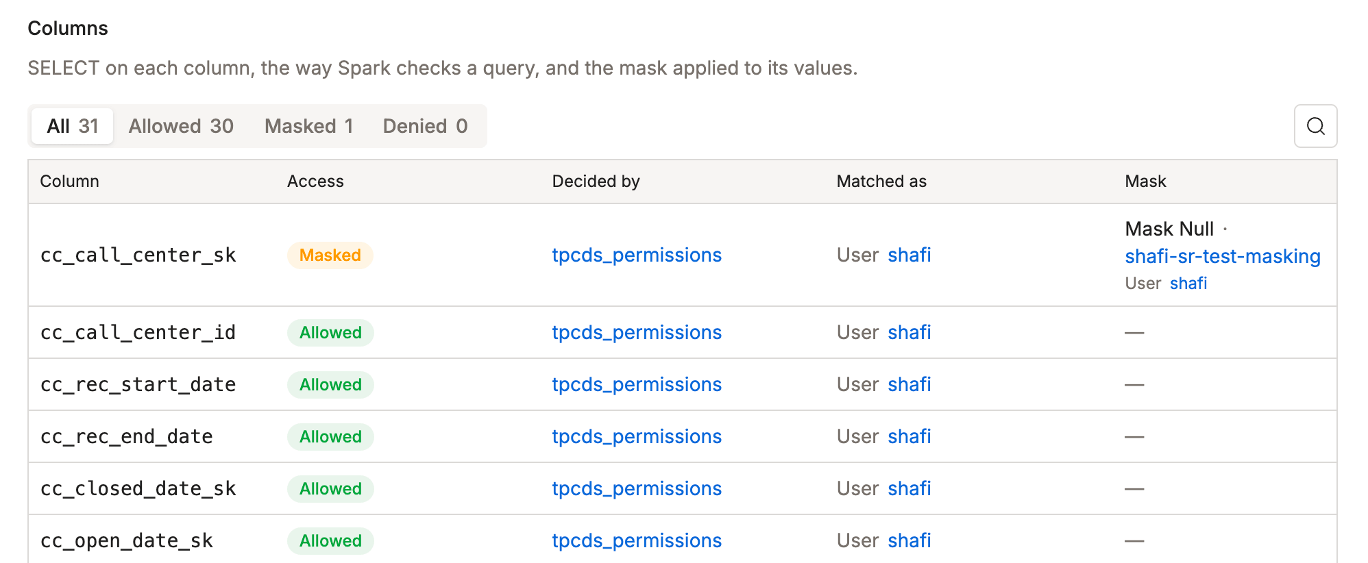 Masked column, the Allowed, Masked, and Denied filter, and the Rows are filtered notice | IOMETE
