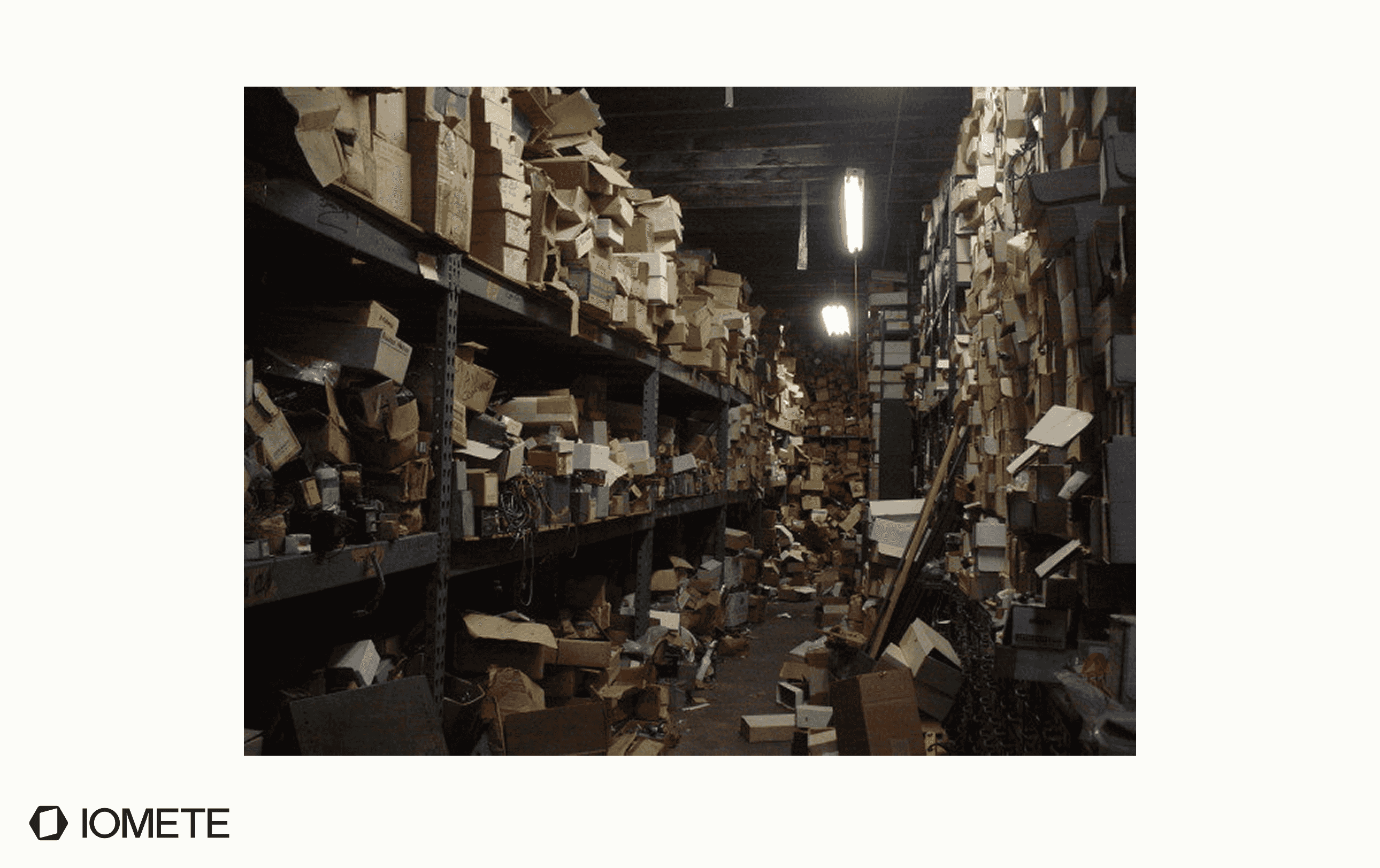 A cluttered warehouse with boxes piled everywhere, illustrating unmaintained Iceberg table debt | IOMETE