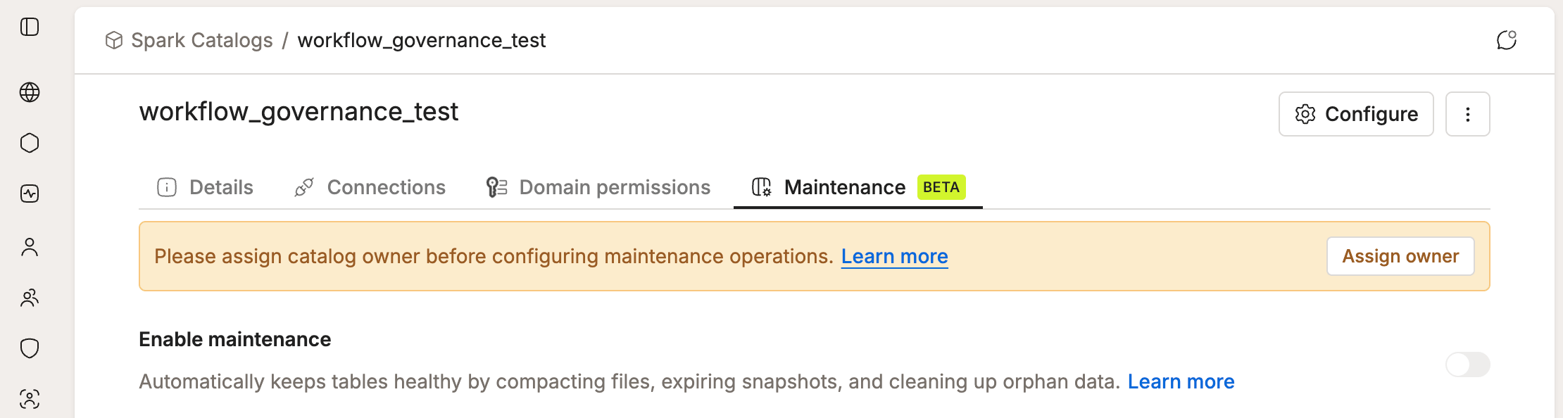 Catalog Maintenance tab showing the banner asking to assign a catalog owner, with an Assign owner button | IOMETE